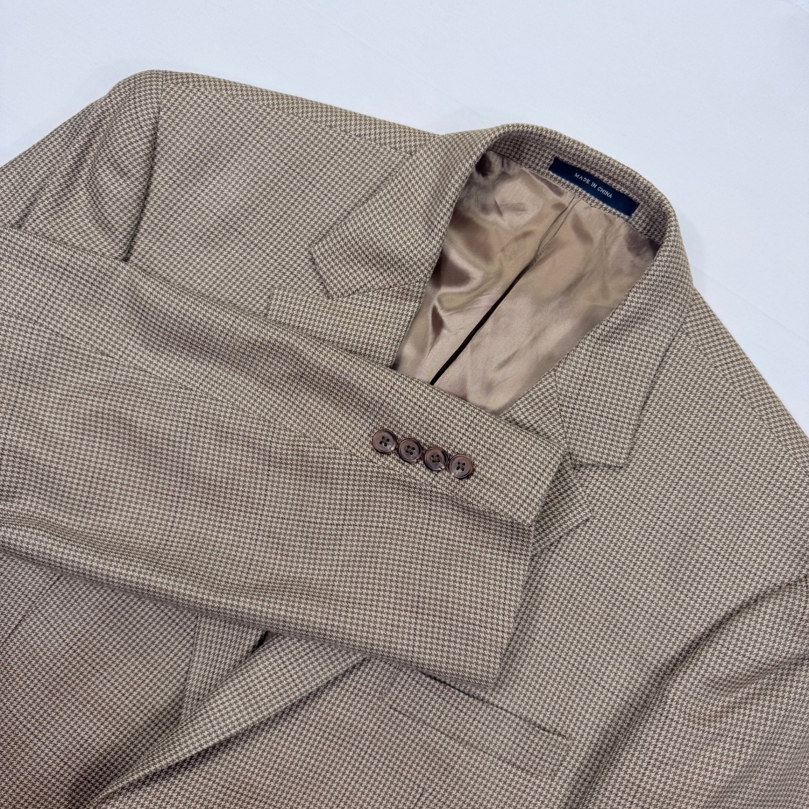 Ralph Lauren Mens Silk Wool Houndstooth Check Blazer Sport Coat 46r Tan Brown